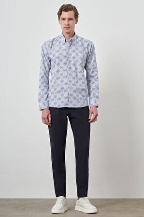  Erkek Lacivert Slim Fit Düğmeli Yaka Gömlek