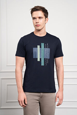  Erkek Lacivert Trend Bisiklet Yaka Dinamik Fit Pamuk T-Shirt