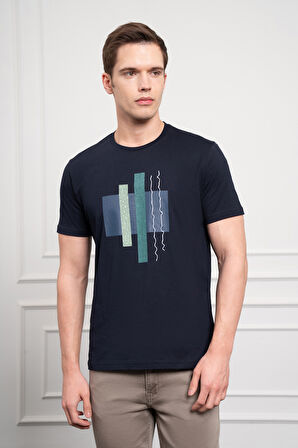  Erkek Lacivert Trend Bisiklet Yaka Dinamik Fit Pamuk T-Shirt