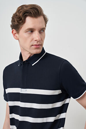  Erkek Lacivert Trend Rınger Polo Yaka T-Shirt