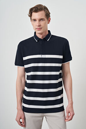  Erkek Lacivert Trend Rınger Polo Yaka T-Shirt