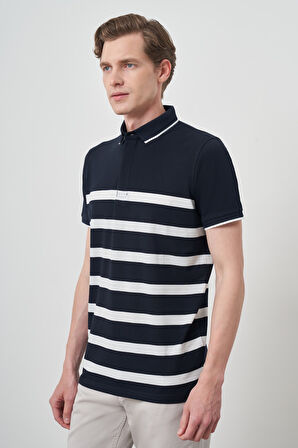  Erkek Lacivert Trend Rınger Polo Yaka T-Shirt