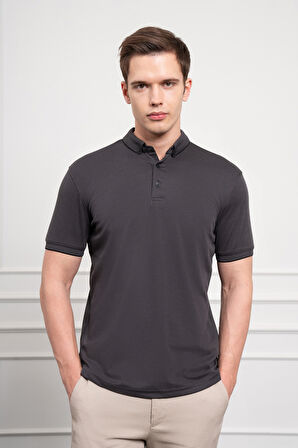  Erkek Siyah Trend Merserize Düz Düğmeli Yaka Dynamic Fit T-Shirt