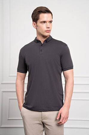  Erkek Siyah Trend Merserize Düz Düğmeli Yaka Dynamic Fit T-Shirt