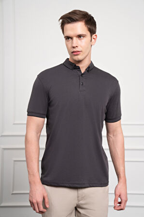  Erkek Siyah Trend Merserize Düz Düğmeli Yaka Dynamic Fit T-Shirt