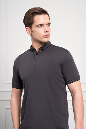  Erkek Siyah Trend Merserize Düz Düğmeli Yaka Dynamic Fit T-Shirt