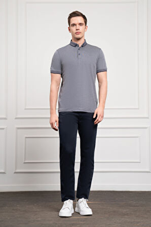  Erkek Lacivert Trend Merserize Düz Düğmeli Yaka Dynamic Fit T-Shirt