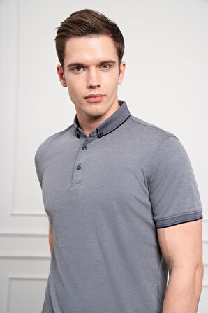  Erkek Lacivert Trend Merserize Düz Düğmeli Yaka Dynamic Fit T-Shirt