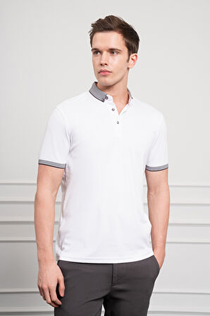  Erkek Beyaz Trend Merserize Düz Düğmeli Yaka Dynamic Fit T-Shirt