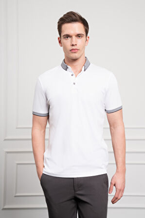  Erkek Beyaz Trend Merserize Düz Düğmeli Yaka Dynamic Fit T-Shirt