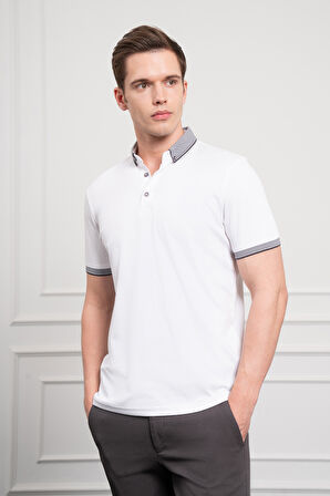  Erkek Beyaz Trend Merserize Düz Düğmeli Yaka Dynamic Fit T-Shirt