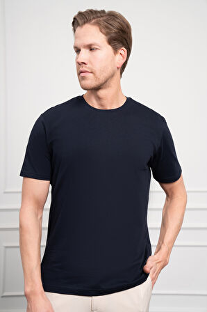  Erkek Lacivert Basic Bisiklet Yaka Dynamic Fit Pamuk T-Shirt