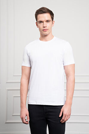  Erkek Beyaz Basic Bisiklet Yaka Dynamic Fit Pamuk T-Shirt