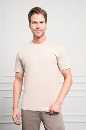  Erkek Bej Basic Bisiklet Yaka Dynamic Fit Pamuk T-Shirt