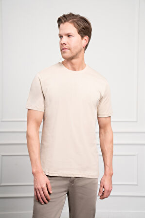  Erkek Bej Basic Bisiklet Yaka Dynamic Fit Pamuk T-Shirt