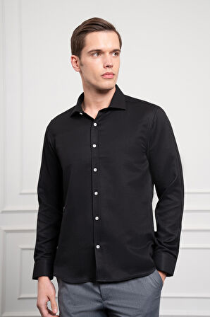  Erkek Siyah Trend İtalyan Yaka  Slim Fit Dar Kesim Gömlek
