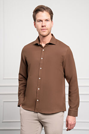  Erkek KAHVE Trend İtalyan Yaka  Slim Fit Dar Kesim Gömlek
