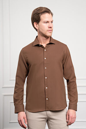  Erkek KAHVE Trend İtalyan Yaka  Slim Fit Dar Kesim Gömlek