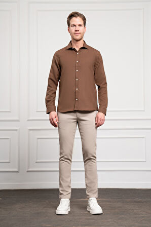  Erkek KAHVE Trend İtalyan Yaka  Slim Fit Dar Kesim Gömlek