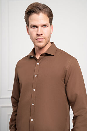  Erkek KAHVE Trend İtalyan Yaka  Slim Fit Dar Kesim Gömlek