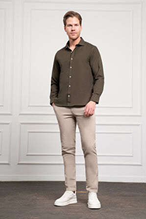  Erkek Haki Trend İtalyan Yaka  Slim Fit Dar Kesim Gömlek