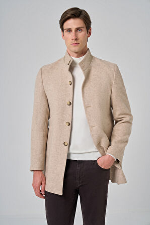  Erkek Bej Yünlü Dynamic Fit Hakim Yaka Kaban