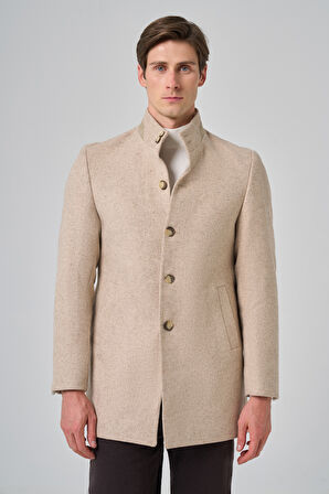  Erkek Bej Yünlü Dynamic Fit Hakim Yaka Kaban