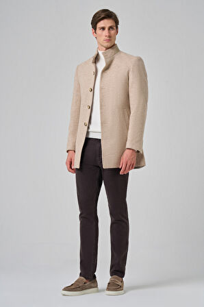  Erkek Bej Yünlü Dynamic Fit Hakim Yaka Kaban