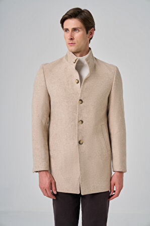  Erkek Bej Yünlü Dynamic Fit Hakim Yaka Kaban