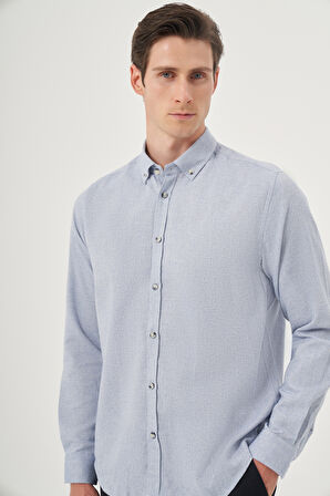  Erkek Mavi Kışlık Düğmeli Yaka Dynamic Fit Gömlek
