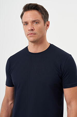  Erkek Lacivert Basic Bisiklet Yaka Dynamic Fit Rahat Kesim T-Shirt