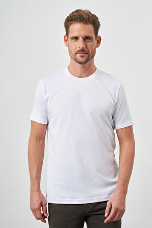  Erkek Beyaz Basic Bisiklet Yaka Dynamic Fit Rahat Kesim T-Shirt