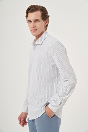  Erkek Lacivert Slim Fit Çizgi Desen Sert Spor Yaka Gömlek