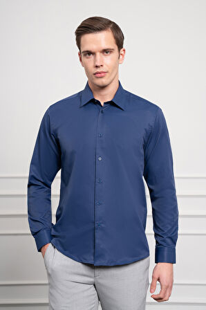  Erkek Lacivert Slim Fit Dar Kesim Sert Spor Yaka Gömlek