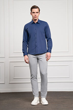  Erkek Lacivert Slim Fit Dar Kesim Sert Spor Yaka Gömlek