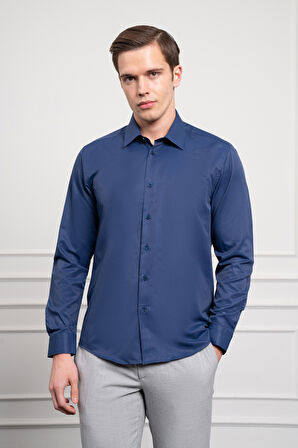  Erkek Lacivert Slim Fit Dar Kesim Sert Spor Yaka Gömlek