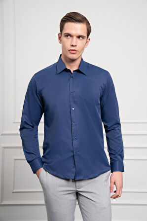  Erkek Lacivert Slim Fit Dar Kesim Sert Spor Yaka Gömlek