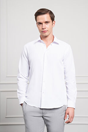  Erkek Beyaz Slim Fit Dar Kesim Sert Spor Yaka Gömlek