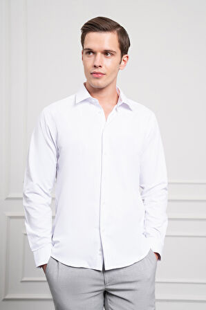  Erkek Beyaz Slim Fit Dar Kesim Sert Spor Yaka Gömlek