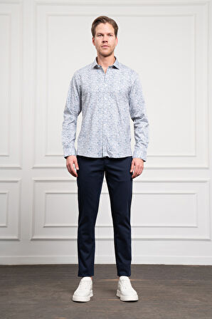  Erkek Mavi Pamuk Trend Düğmeli Yaka Dynamic Fit Rahat Kesim Gömlek