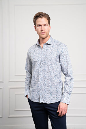  Erkek Mavi Pamuk Trend Düğmeli Yaka Dynamic Fit Rahat Kesim Gömlek