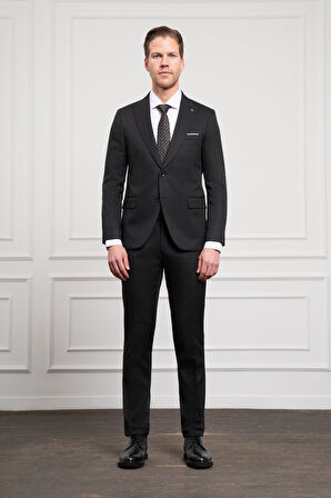  Erkek Siyah Basic Jakar Desen Slim Fit Sivri Yaka Takım Elbise