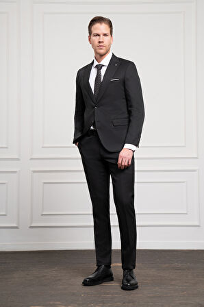  Erkek Siyah Basic Jakar Desen Slim Fit Sivri Yaka Takım Elbise