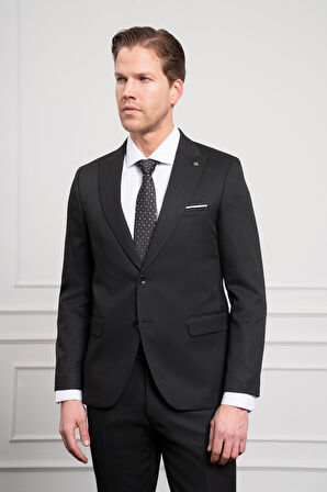  Erkek Siyah Basic Jakar Desen Slim Fit Sivri Yaka Takım Elbise