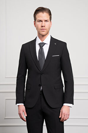  Erkek Siyah Basic Düz Desen Slim Fit Sivri Yaka Takım Elbise
