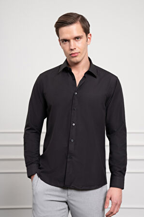  Erkek Siyah Slim Fit Dar Kesim Sert Spor Yaka Gömlek