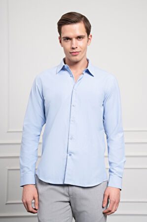  Erkek Mavi Slim Fit Dar Kesim Sert Spor Yaka Gömlek