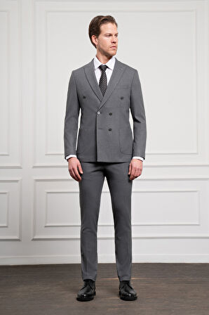  Erkek Füme Trend Kruvaze Slim Fit Dar Kesim Sivri Yaka Takım Elbise
