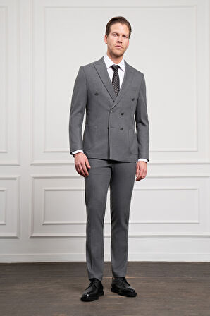  Erkek Füme Trend Kruvaze Slim Fit Dar Kesim Sivri Yaka Takım Elbise
