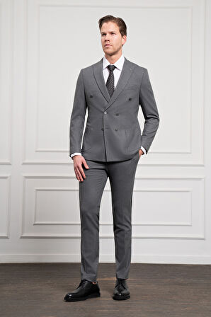  Erkek Füme Trend Kruvaze Slim Fit Dar Kesim Sivri Yaka Takım Elbise